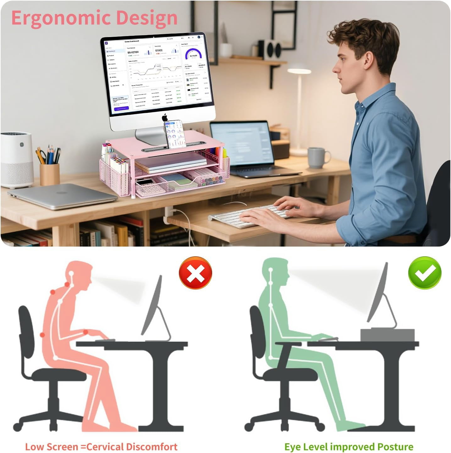 Wood Desk Organizers and Accessories, 2-Tier Computer Monitor Stand with Drawer, Pen Storage & Tablet Phone Holder, Office Desk Accessories, Workspace Desktop Organization for Office Supplies（Brown）
