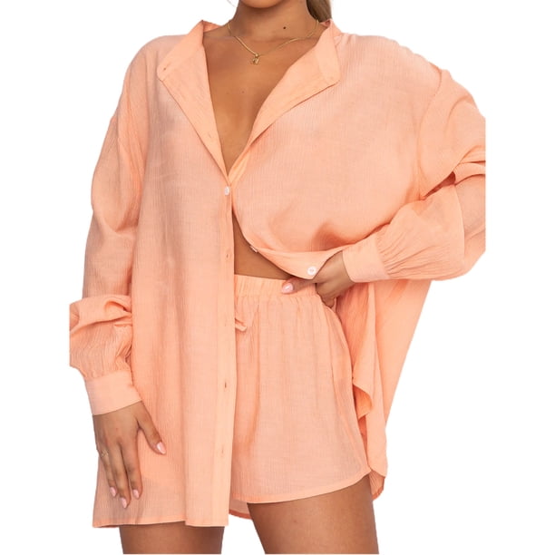 Txlixc Traje de mujer, camisa de botón de manga larga + traje de pantalones cortos Txlixc moda