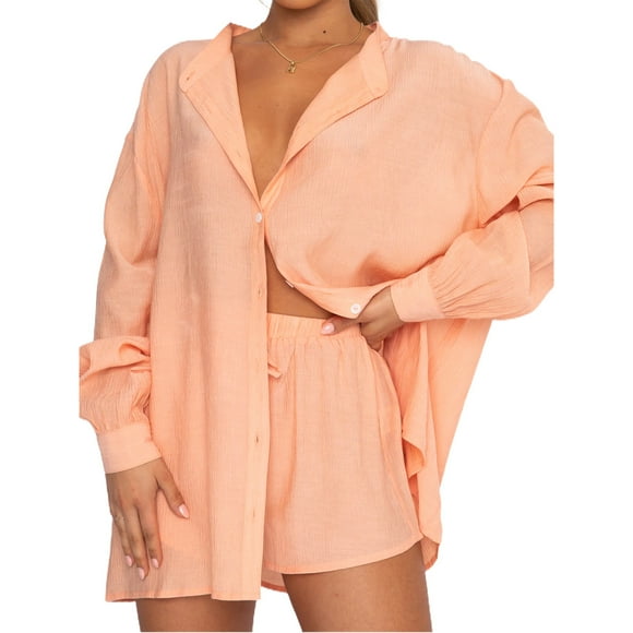 Txlixc Traje de mujer, camisa de botón de manga larga + traje de pantalones cortos Txlixc moda