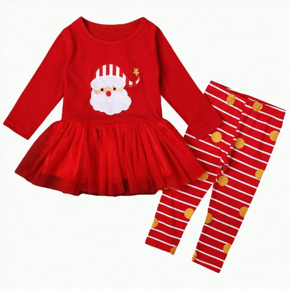 Xyant Toddler Baby Christmas Outfit Girl Santa Tree Print Tunic Drees Shirt Stripe Pants Fall Winter Clothes (Red,18-24 Months)