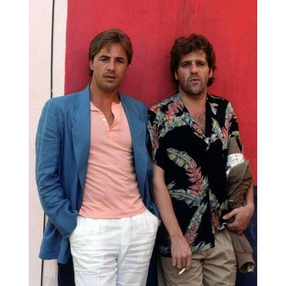 Miami Vice TV series Don Johnson stands with unidentified man 8x10 inch photo