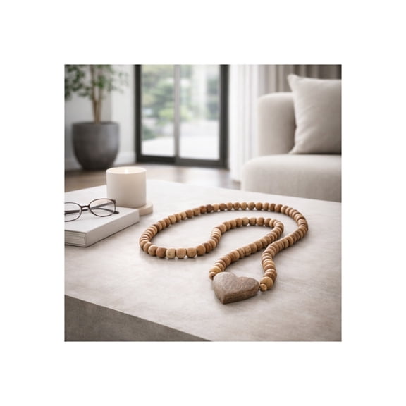 Beads Garland with Mango Wood Heart Accent for Home, Bathroom and Room Decor - Decorative Strand for Office, Shelf or Coffee Table - Ornament Styling for Living Room Interior - 1", Brown