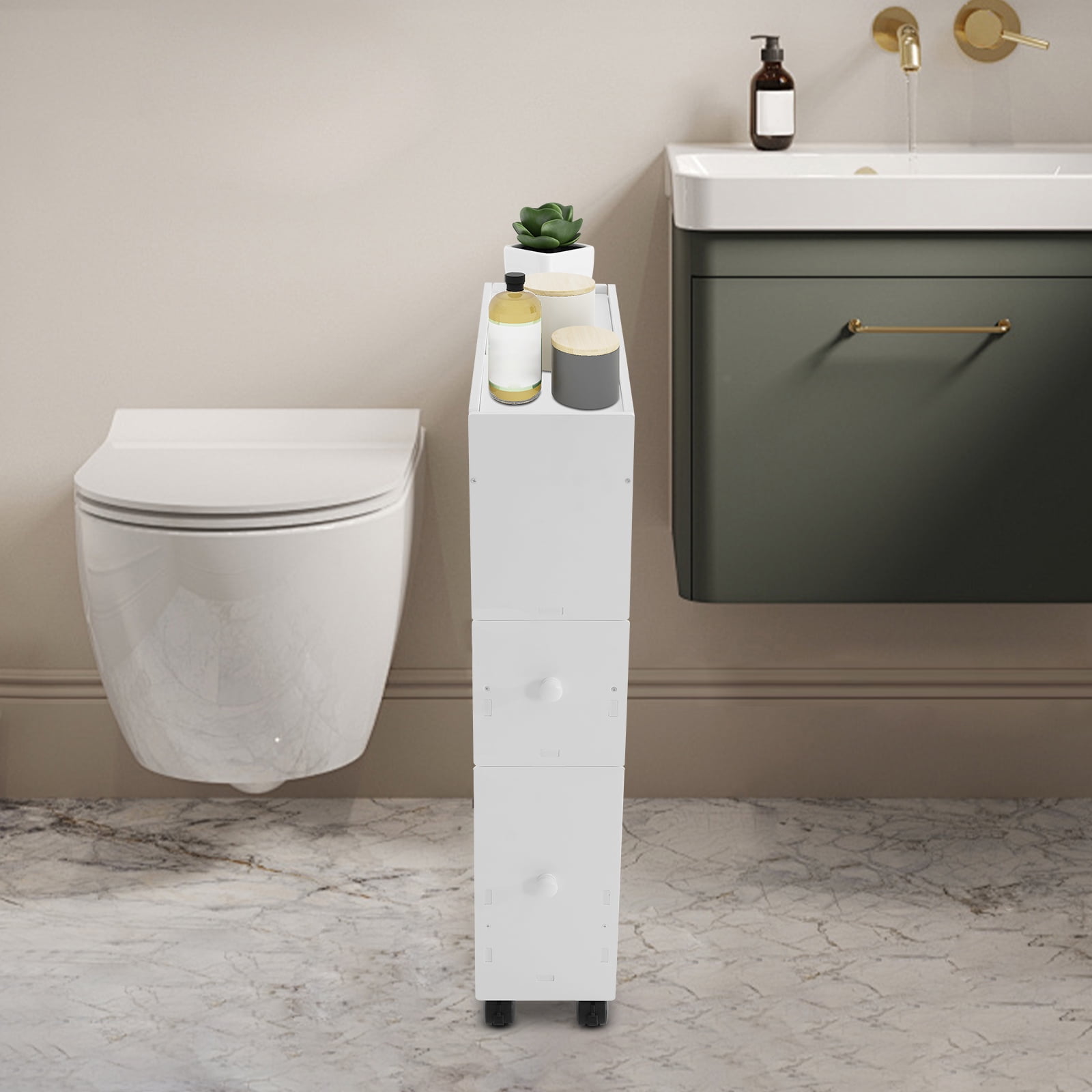 Toilet Slim Bathroom Storage Cabinet with Wheels,2 Drawers Narrow Floor Cabinets for Bathroom,White