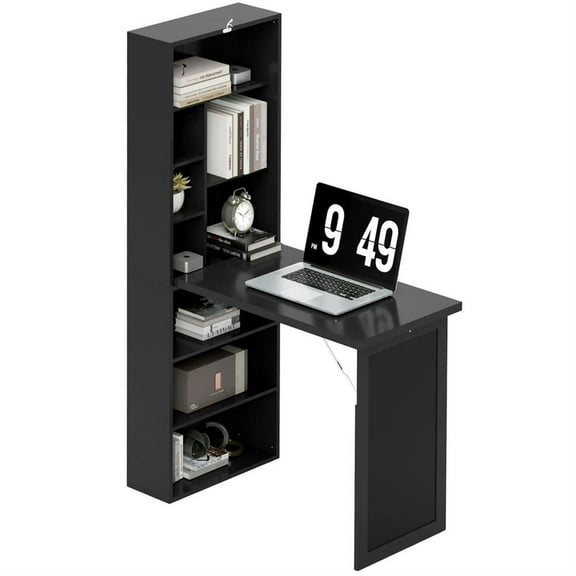 Demi Bonn Folding Computer Desk with Blackboard, Wall-Mounted Home Office, Desk with Side Shelf, Space-Saving, Black