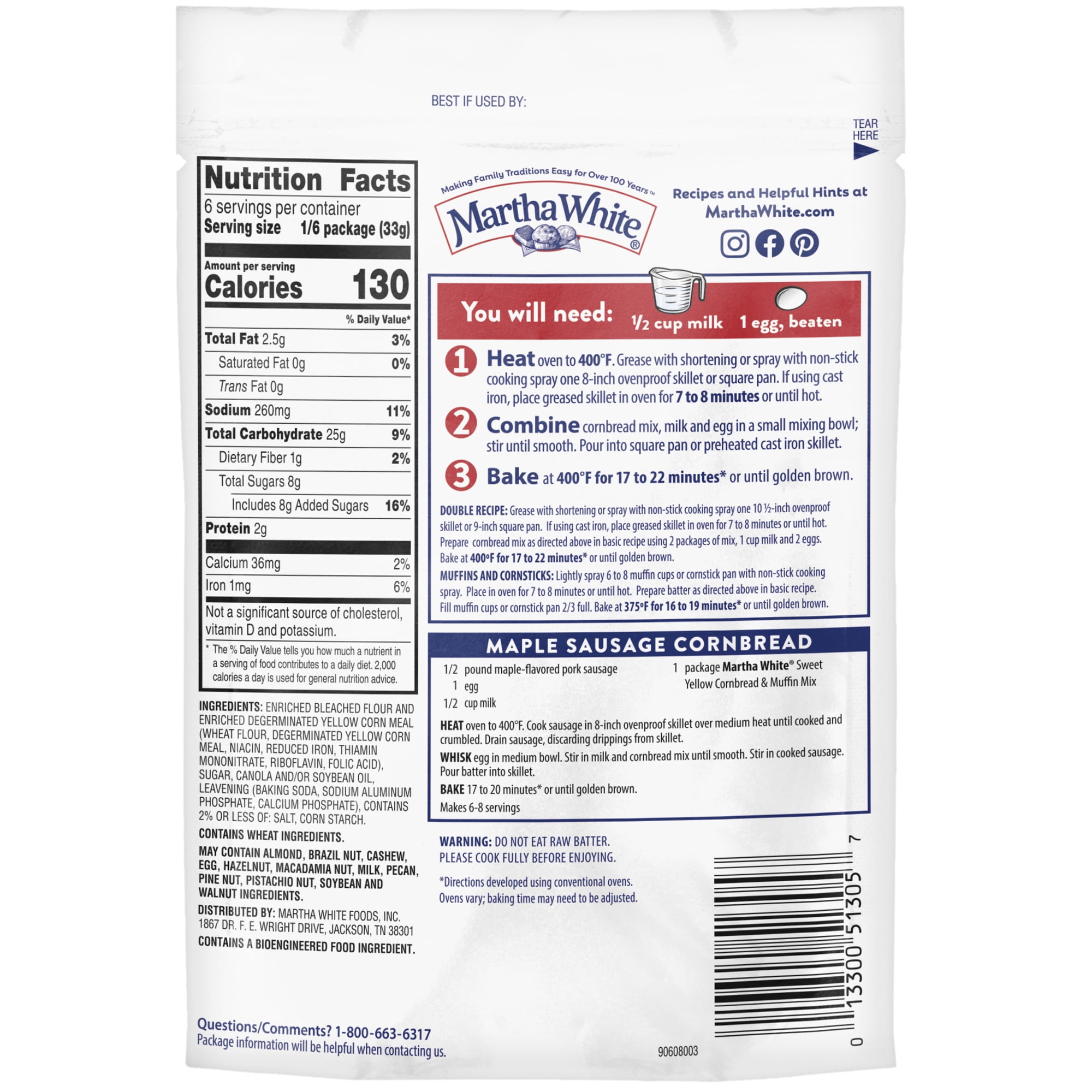 (4 pack) Martha White Sweet Yellow Cornbread Mix, 7 oz Pouch