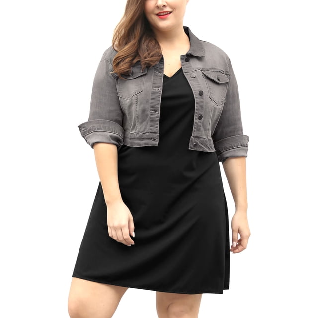GRACE & GRANDEUR Women's Plus Jean Jackets Button Down Denim Bomber Jacket