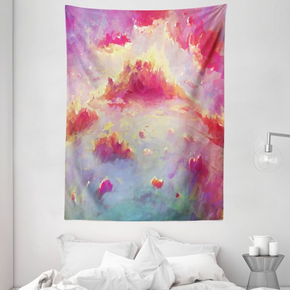 Coral Tapestry, Vibrant Illustration of Clouds Scenic Sunset Fluffy Fantasy Magnificient, Wall Hanging for Bedroom Living Room Dorm Decor, 60W X 80L Inches, Coral Purple Light Blue, by Ambesonne