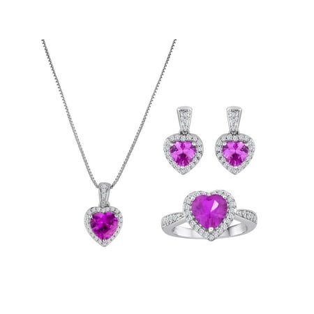 Brass Set Pendant (Lab-Created Pink Sapphire and CZ Fine Silver-Plated Brass Boxed Set with Earring, Ring and Pendant,)