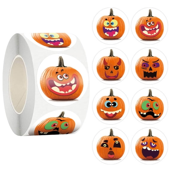 NKOOGH Halloween Pumpkin Cartoon Stickers Roll 500 Count Festive Decorative Labels One Size
