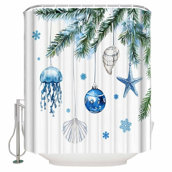 Christmas Ocean Shower Curtain, 36" x 72", Theme Blue Watercolor Christmas Balls Snowflake Waterproof Bathroom Curtain Washable Shower Curtain Set with 12 Hooks