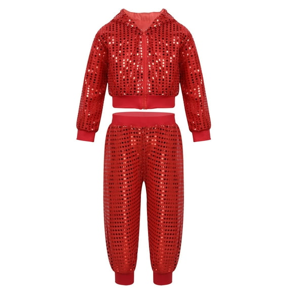 iixpin Kids Boys Girls Sequins Hip-hop Jazz Latin Street Dance Outfits Hooded Tops with Pants 2pcs Set Red 8-10