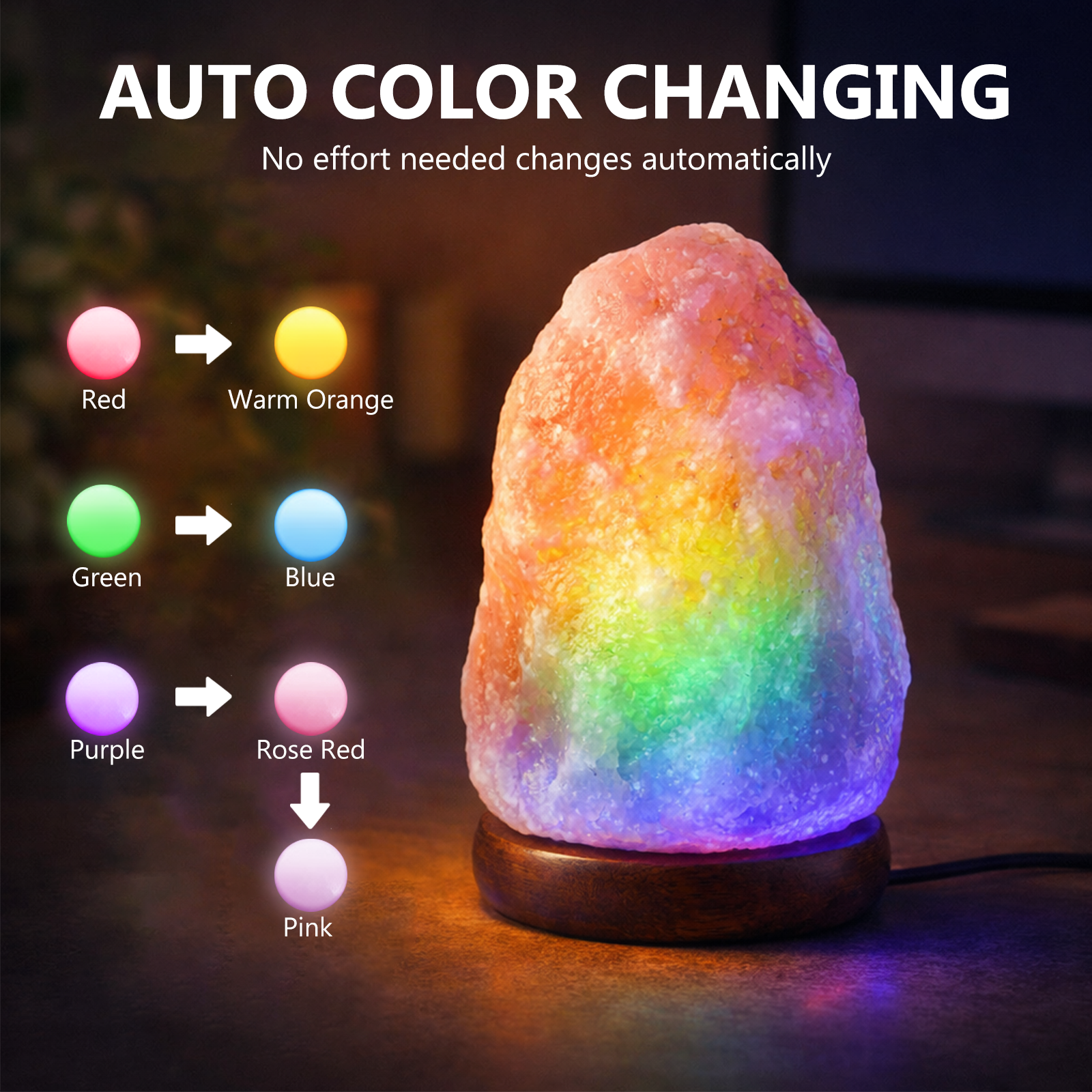 Himalayan Salt Lamp with Wood Base, Plug-in, Light Bulb Included, 7 Colors, for Relax/Sleep