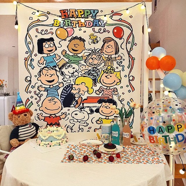 Tapiz de tela con fondo de feliz cumpleaños de Snoopy, Charlie Brown, decoración de fiesta kawaii, decoración de habitación, recuerdo de un año