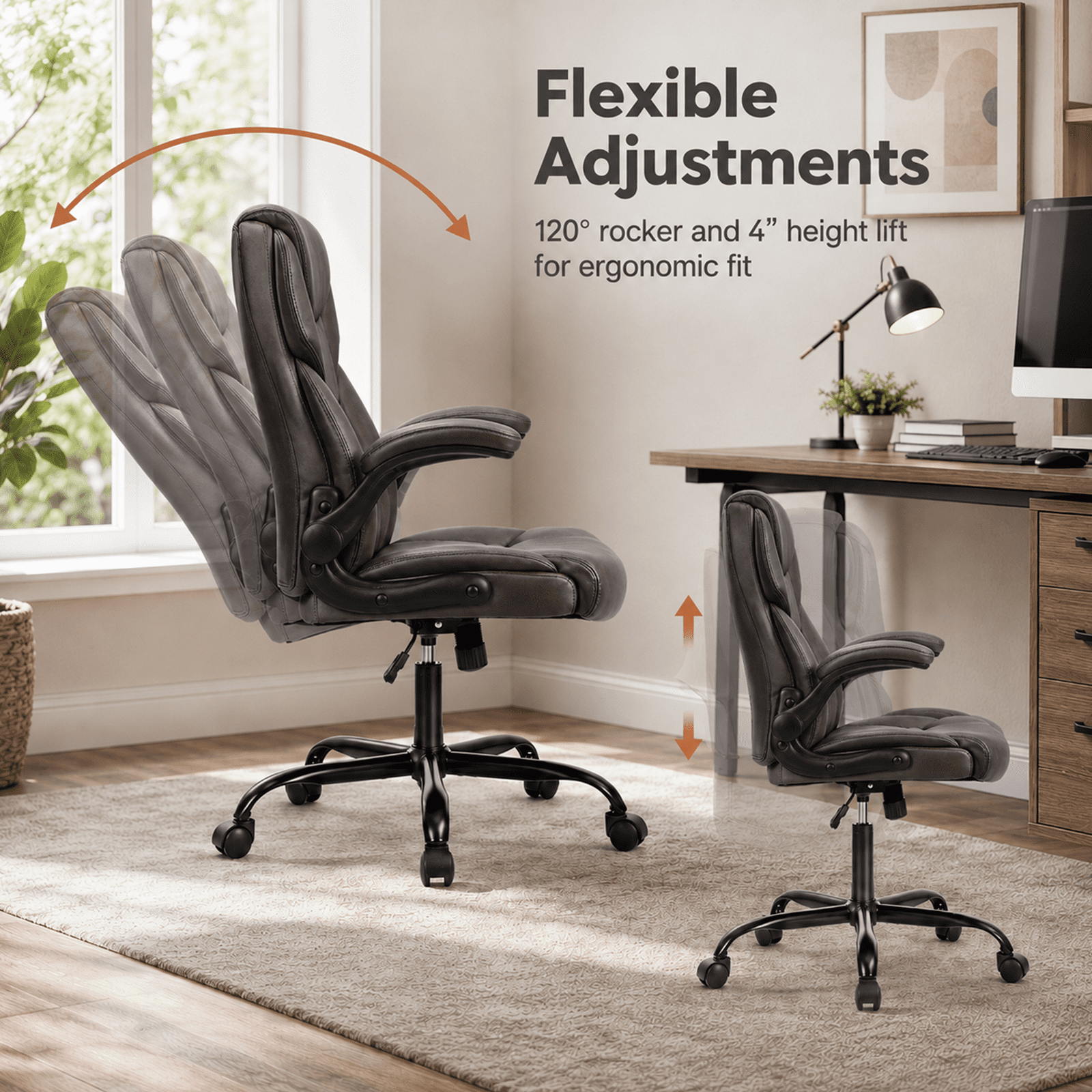 Alvantor PU Leather Executive Office Chair, Ergonomic Big and Tall Computer Desk Chairs, Breathable Leather Chair with Adjustable Flip-up Armrests, Adjustable Lumbar Support, Heavy Duty 300lbs