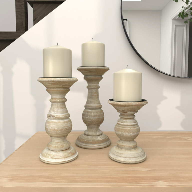 DecMode Traditional and Timeless Mango Wood Pillar Candle Holder Set of 3,  6, 8, 10H, Cream Finish