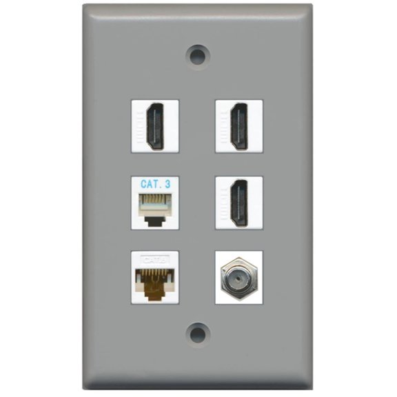 Ultra Spec Cables 3 Port HDMI Coax Cat6 Phone Wall Plate Gray w/White Jacks