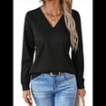 thumbnail image 2 of Blusas de Punto Gofre para Mujer, Blusas Casuales de Larga con Farol, Cuello en V, Camisetas Oversize. Negro XXL, 2 of 8
