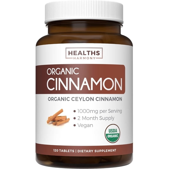 Healths Harmony 1000mg Ceylon Cinnamon Powder, Vegan Organic Cinnamon Supplement, 120 Tablets