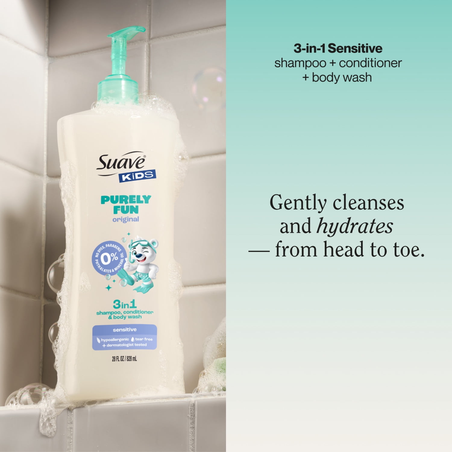 Suave Kids Purely Fun Original 3 in 1 Shampoo, Conditioner & Body Wash, Scented, 28 FL OZ