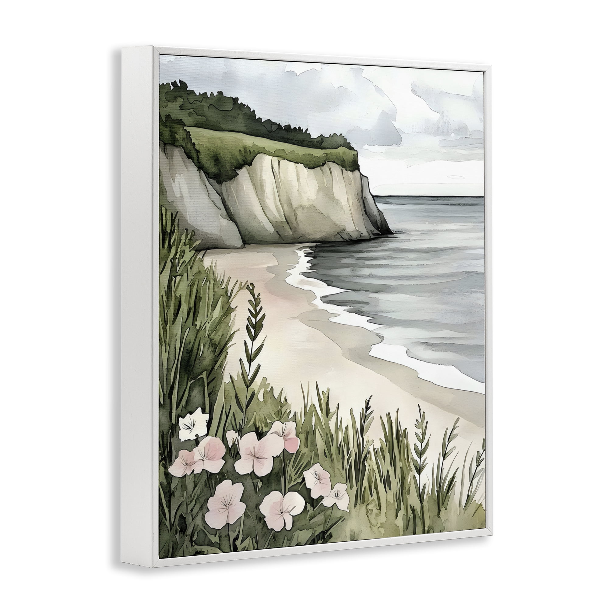 Stupell Industries Coastal Calm with Floral Blooms White Framed Giclee Art, design by Riley B