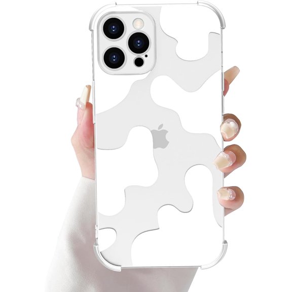 Compatible with iPhone 12 Pro Max Phone Case for Women, Transparent Shell Four Corner Protection Edge with Cute Cow Print Design, Lens Edge Raised Protection for iPhone 12 Pro Max 6.7"-White