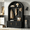 Black, variant on Farmhouse Fabric Arched Top Hall Tree with Bench,5 Metal Hooks, Adjustable Shelves, Fluted Door Storage Cabinet, Mid-Century Entryway Organizer for Mudroom, Hallway,Black