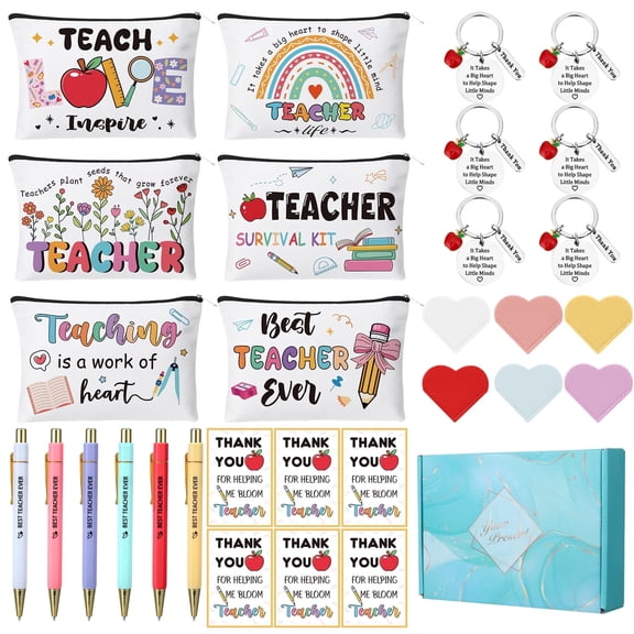 sixwipe 30 Pcs Teacher Appreciation Gifts Bulk, Included Teacher Gifts Makeup Cosmetic Bags, Bookmarks, Teachers Keychain, and Thank You Card for Women Men Teacher's Day Graduation