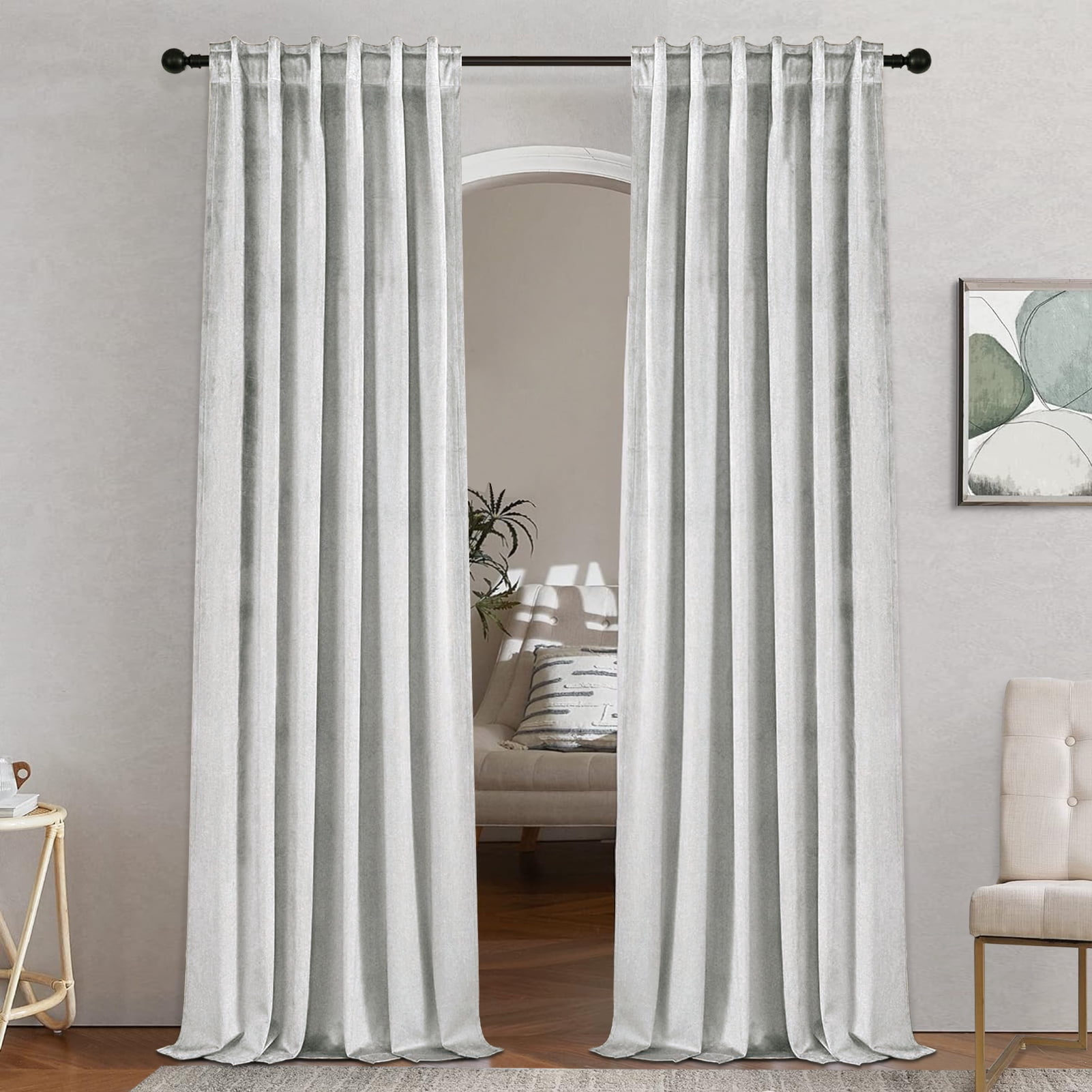 Jainmy Grey White Velvet Curtains 90 Inches for Living Room Bedroom Soft Room Darkening Thermal Insulated Back Tab Curtains Drapes,52"x90", 2 Panels