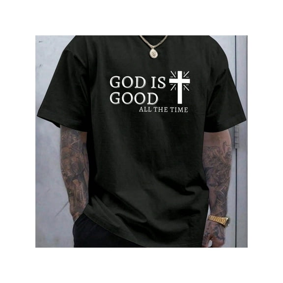 [God is Good Tee] Black Cotton Men's Graphic Tee - Casual 'God is Good' T-Shirt with Cross Print, Round Neck, Short Sleeves - Breathable & Comfortable for All Seasons, Outdoor Clothing