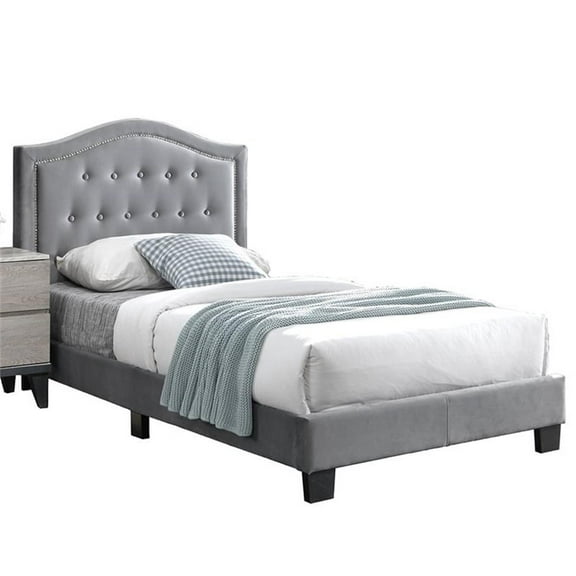 Pemberly Row Twin Size Bed in Velvet in Gray - Easy Assembly
