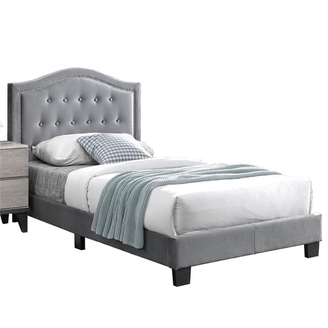 Pemberly Row Twin Velvet Fabric Upholstered Bed Frame with Slats, Gray