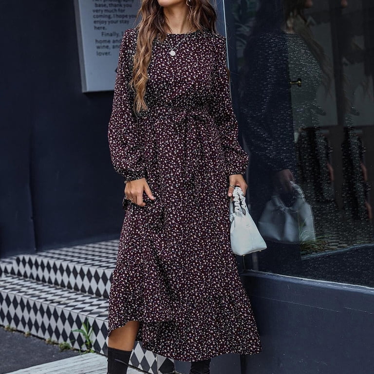 professional fall dresses Lilgiuy Women's Long Sleeves Autumn And Winter Broken Flower Long Skirt  Dresses Black 2022 Fall Winter