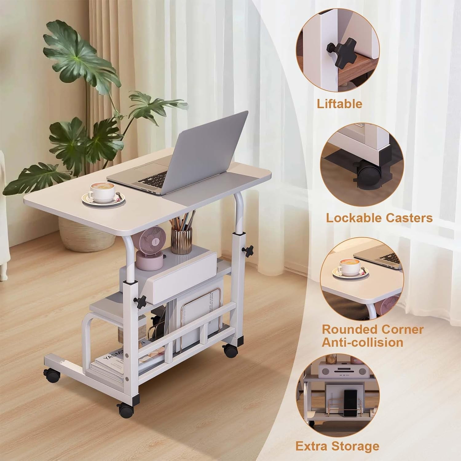 Adjustable Height Mobile Standing Desk – Compact Portable Laptop Table with Storage Shelves – Rolling Computer Desk for Home Office, Study, School – Ergonomic, with Wheels, White 60 x 40CM