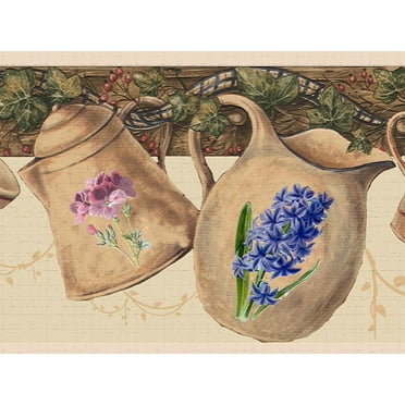 Dundee Deco's Peel and Stick Wallpaper Border - Floral Beige Green Purple Flowers on Jugs Wall Border Retro Design, 15 ft x 7 in, Self Adhesive