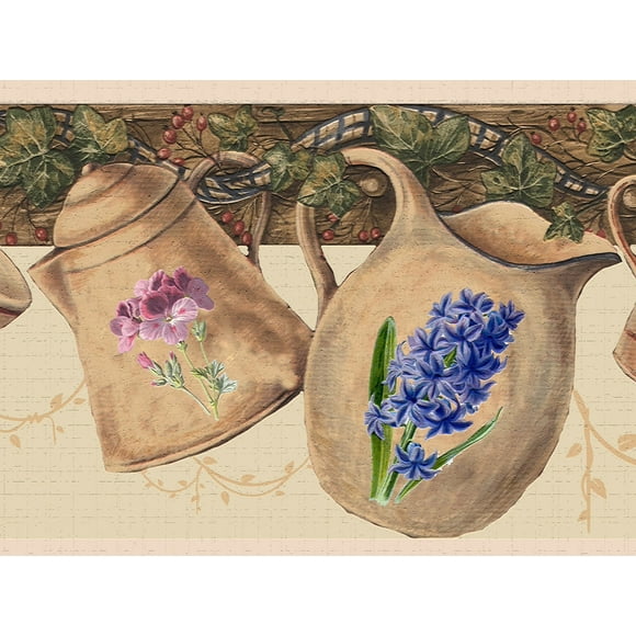 Dundee Deco's Peel and Stick Wallpaper Border - Floral Beige Green Purple Flowers on Jugs Wall Border Retro Design, 15 ft x 7 in (4.57m x 17.78cm), Self Adhesive