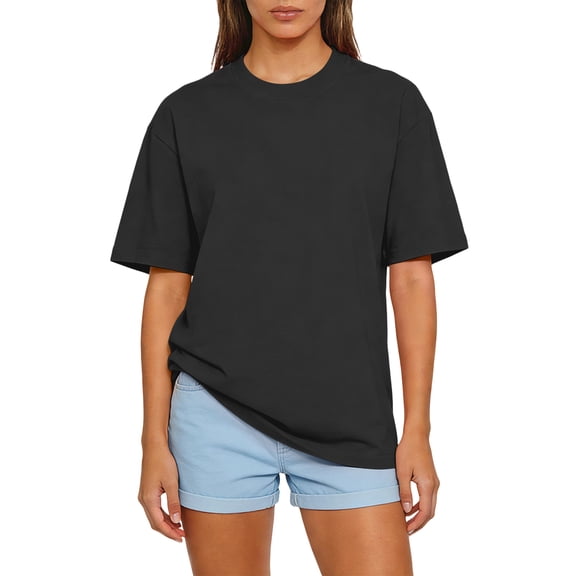 Womens Oversized Crew Neck T-Shirts Short Sleeve,Drop Shoulder Loose Fit Summer Basic Tee for Lounge Black XL