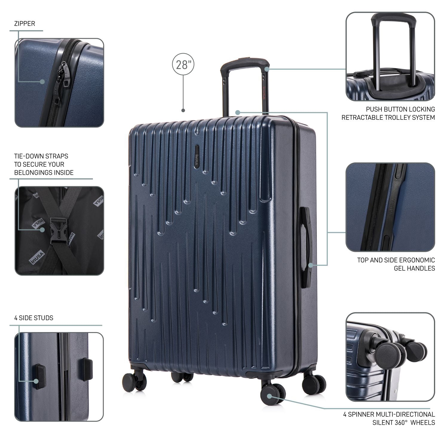 InUSA DRIP 28" Hardside Lightweight Checked Luggage with Spinner Wheels, Handle and Trolley, Navy Blue