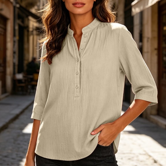 Babysbule Women Mandarin Collar Henley Blouse Flare 3/4 Sleeve Loose Fit Casual Top for Summer Office Brunch Daily Outfits