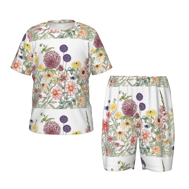 Fotbe Autumn Garden Pijama Estampada de 2 Piezas para Niños – Ropa de Dormir de Manga Corta Cómoda para Niños y Niñas, Camiseta y Shorts de Algodón-Medium