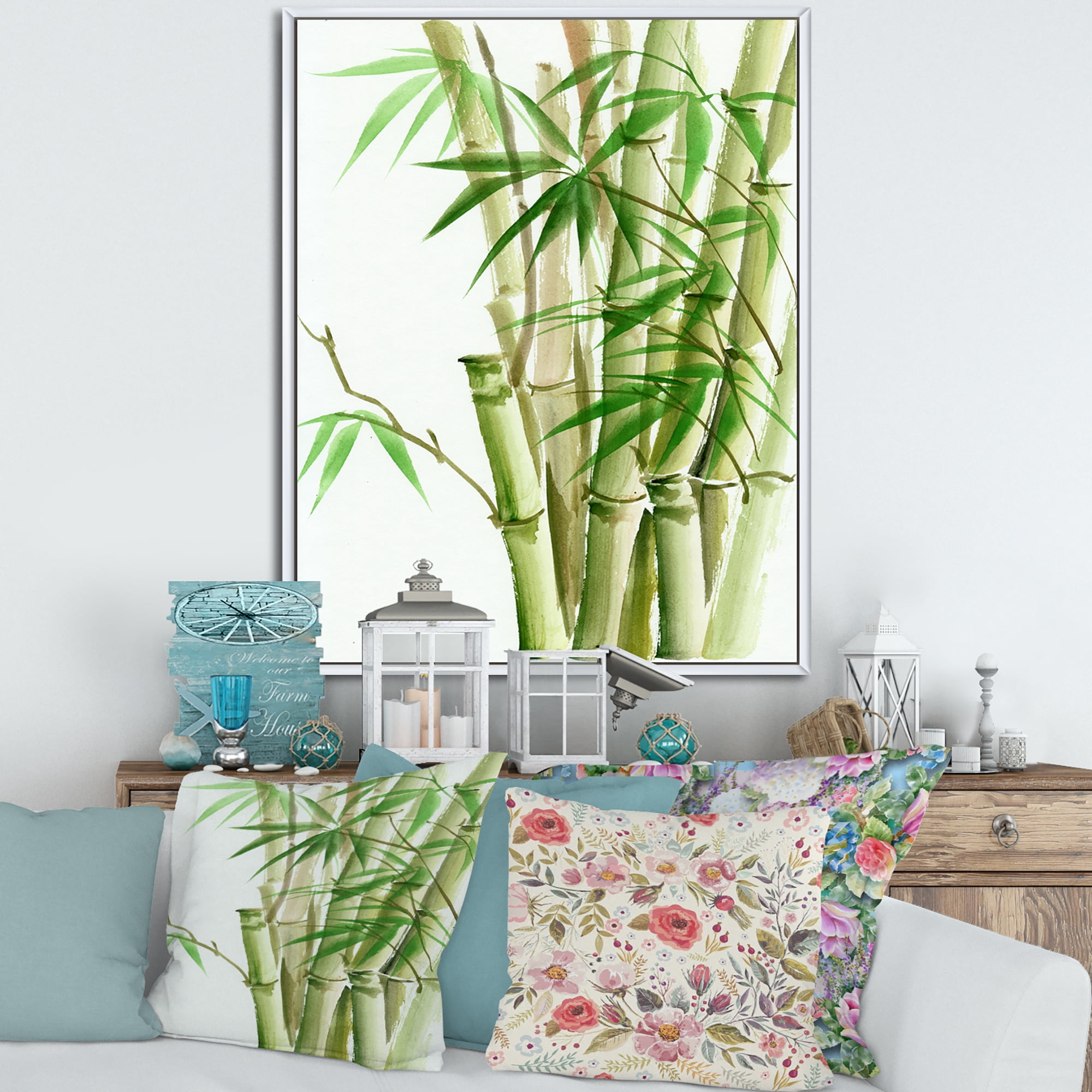 Detail of Dark Green Bamboo and Leaves II' 16" x 32" Framed Painting Canvas Art Print, by Designart