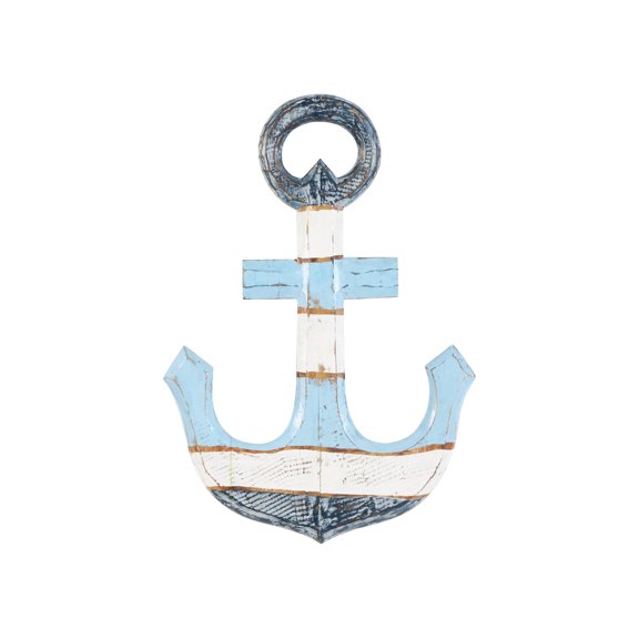 DecMode Blue Wood Distressed Anchor Wall Decor with Brown and Cream Accents