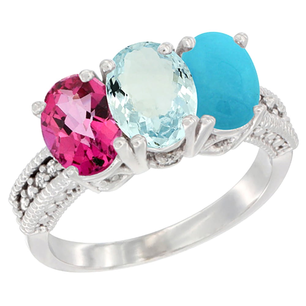 14K White Gold Natural Pink Topaz, Aquamarine & Turquoise Ring 3-Stone 7x5 mm Oval Diamond Accent, sizes 5 10 by WorldJewels