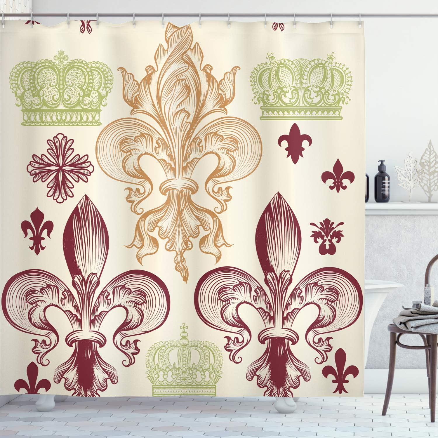 SPXUBZ Fleur De Lis Shower Curtain, Heraldic Pattern Royal Flower and