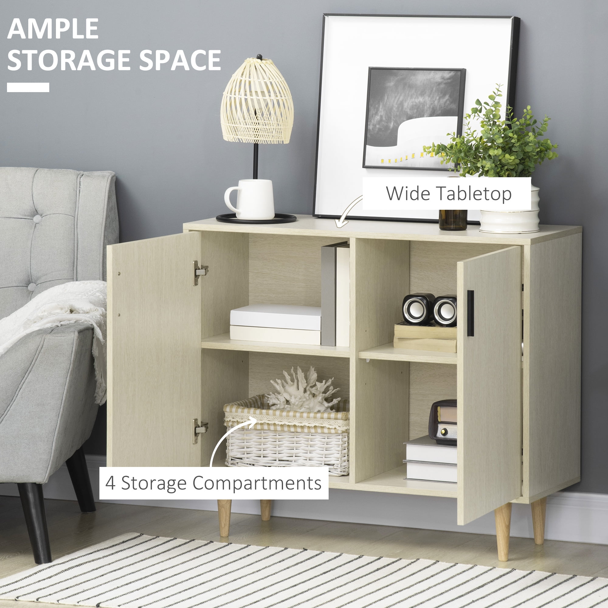 HOQBN Sideboard Buffet Cabinet, Accent Cabinet with 2 Doors, Adjustable Shelves and Wood Legs for Living Room, Kitchen, Natural