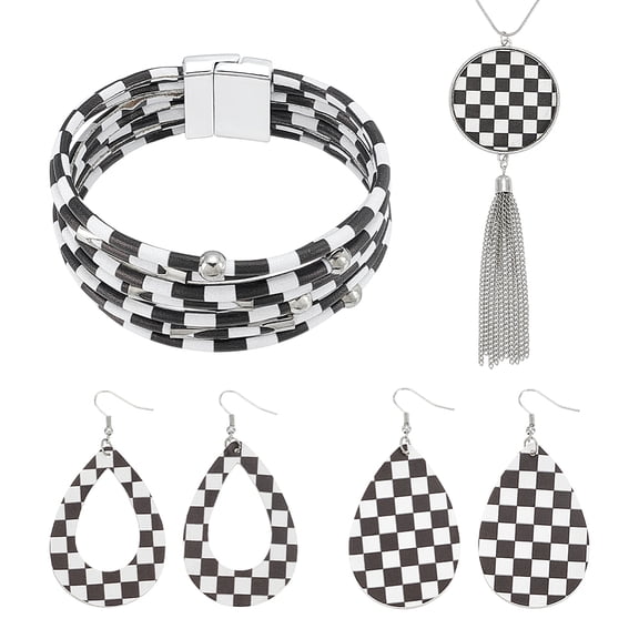 Black White Tartan PU Leather Earrings Necklaces Bracelets Set Dangle Earrings Necklace with Tassel Multi-Layer Leather Bracelet
