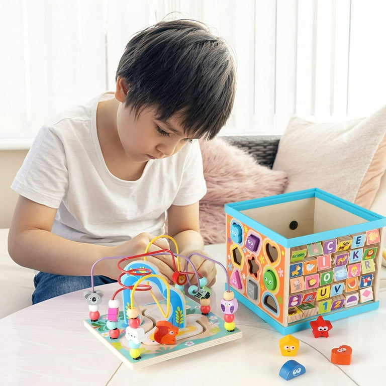 Qilay Wooden Baby Activity Cube for 1 2 Year Old Kids, 5 in 1 Multipurpose  ABC-123 Abacus Bead Maze Shape Sorter