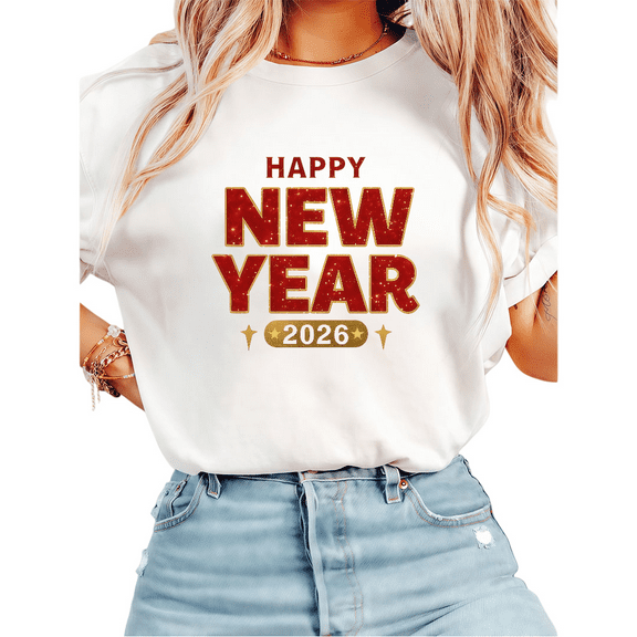 Women's Elegant T-Shirt - Happy New Year Glitter Print Tee - Red Gold Sparkle Celebration Tops