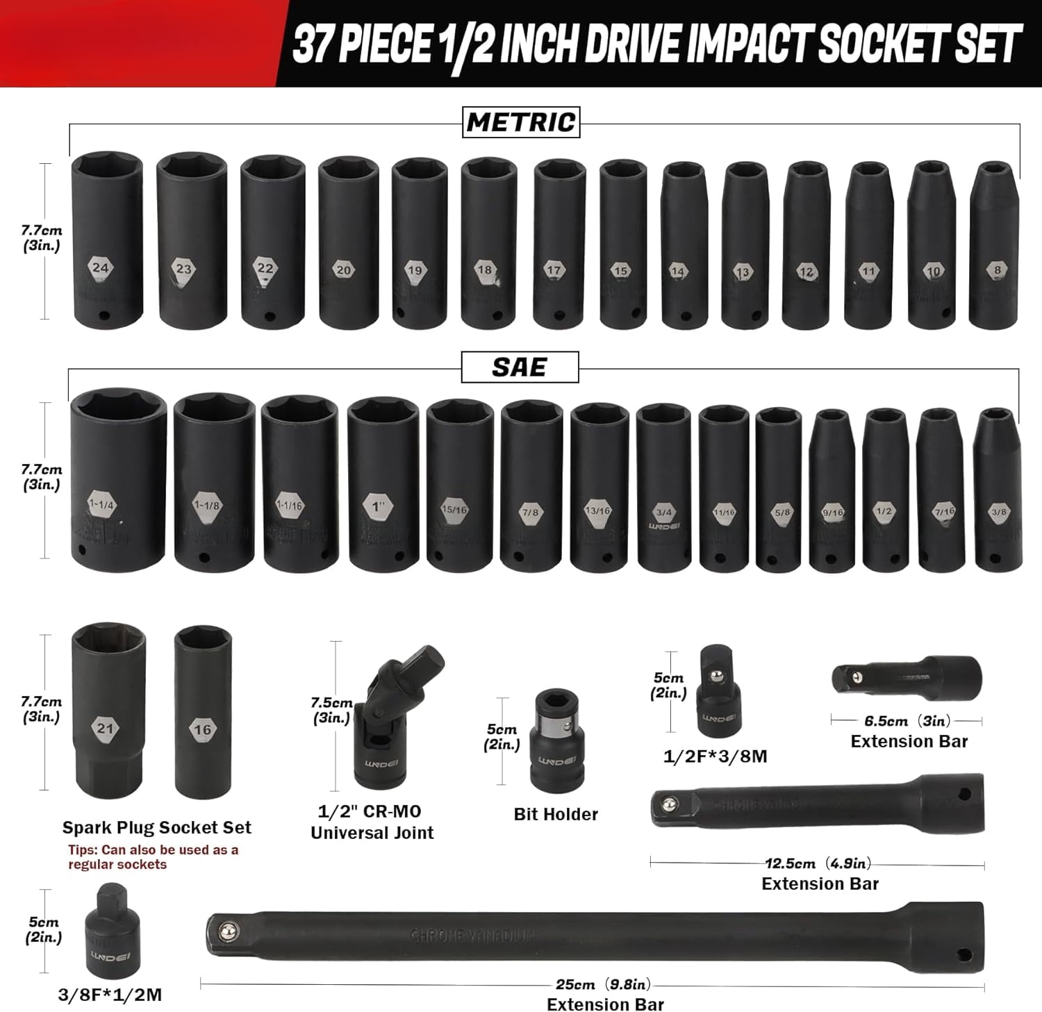 1/2 inch Drive Deep Impact Socket Set, 37 Piece Standard SAE 3/8" to 1-1/4" | Metric 8 to 24mm, Includes Spark Plug Socket (16, 21mm), CR-MO Universal Joint, Extension Bars and Adapter