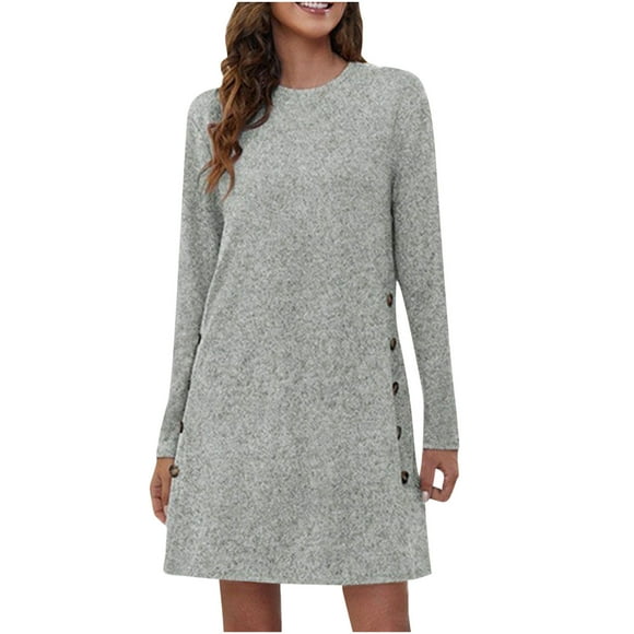 AherBiu Long Sleeve Dress for Women Crewneck Side Button Casual Loose Tunic Short Dress Solid Color