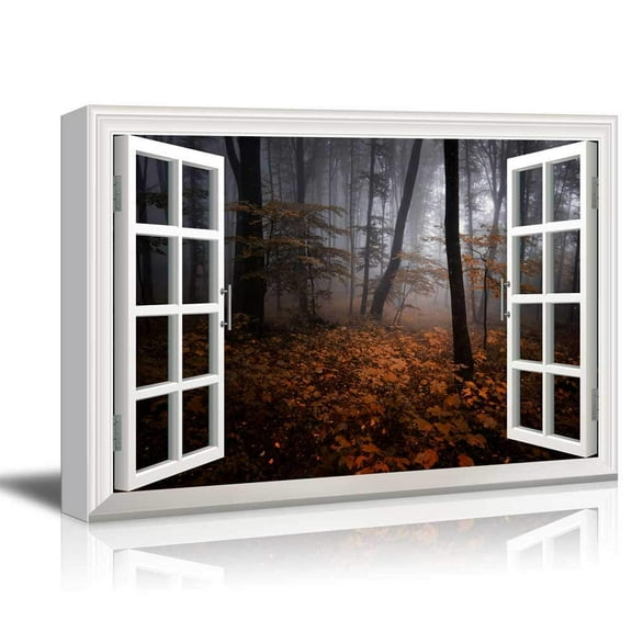 wall26 - Modern White Window Looking Out Into a Dark Foggy Forest During Fall Time - Canvas Art Home Art - 24x36 inches